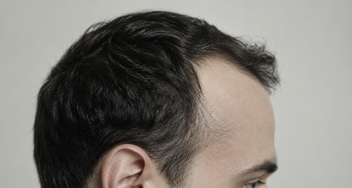 Nærbillede i profil af en mands tinding og hårgrænse med tilbagetrukne tindinger