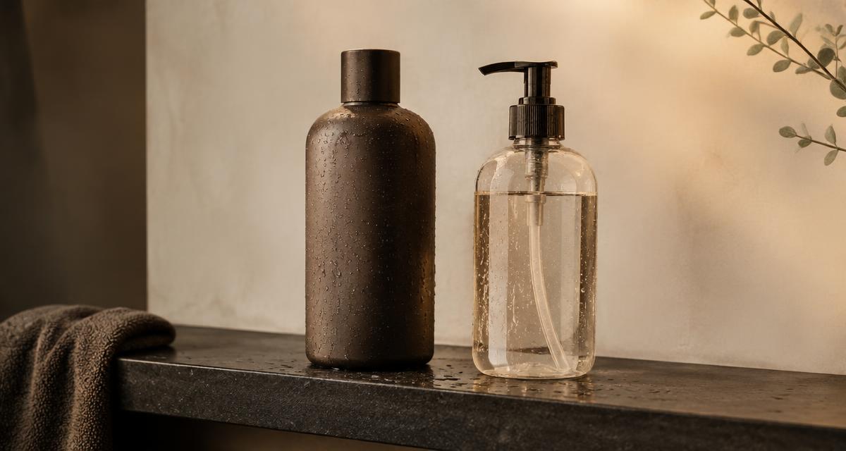 Shampooflaske og pumpeflaske på en mørk badeværelseshylde