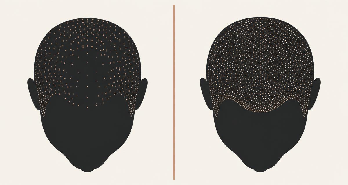 Illustration af hovedbund før og efter Scalp Micropigmentation, hvor pigmentpunkter giver indtryk af kortklippede hår