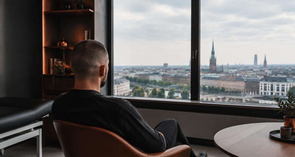 Mand med barberet look og tydelig hårgrænse i et roligt konsultationsrum med udsigt over en jysk by